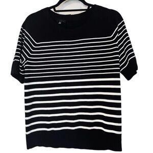TALBOTS Black & White Stripe Cotton‎ Blend, Short Sleeve Sweater, Medium